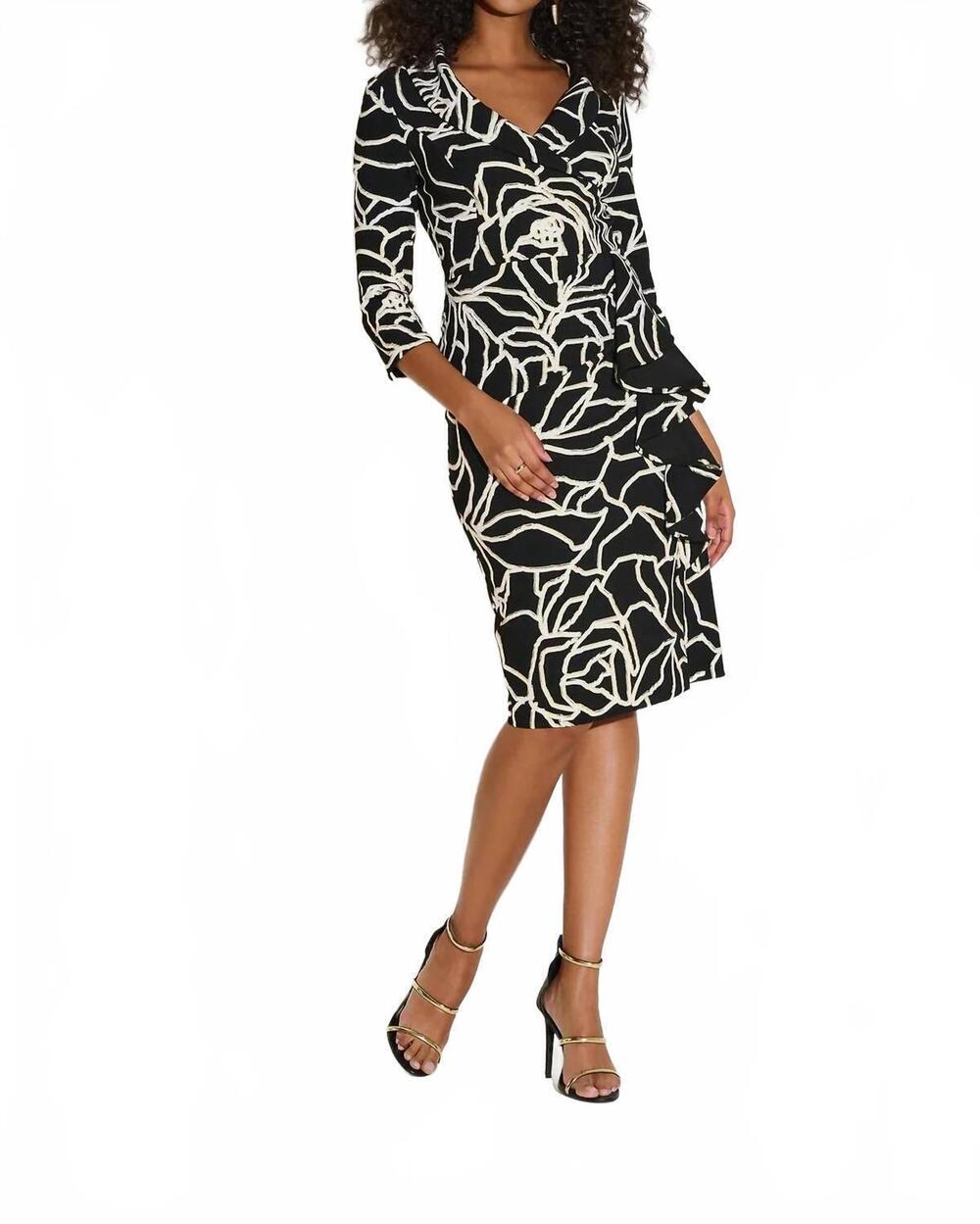 NEW JOSEPH RIBKOFF floral print faux wrap sheath dress in black/vanilla